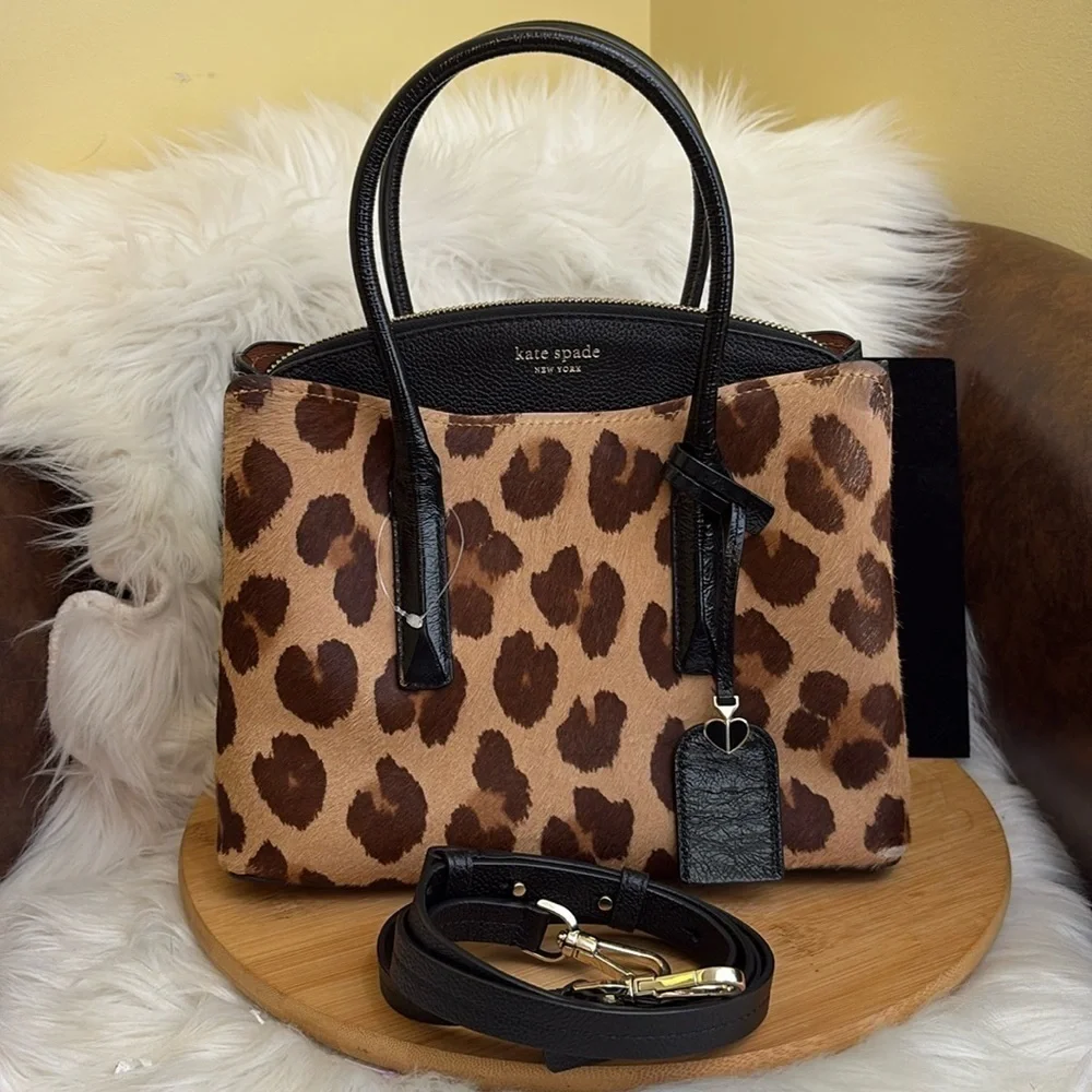 Kate Spade Margaux Medium Caviar Leather Leopard Calf Hair Crossbody Satchel Bag